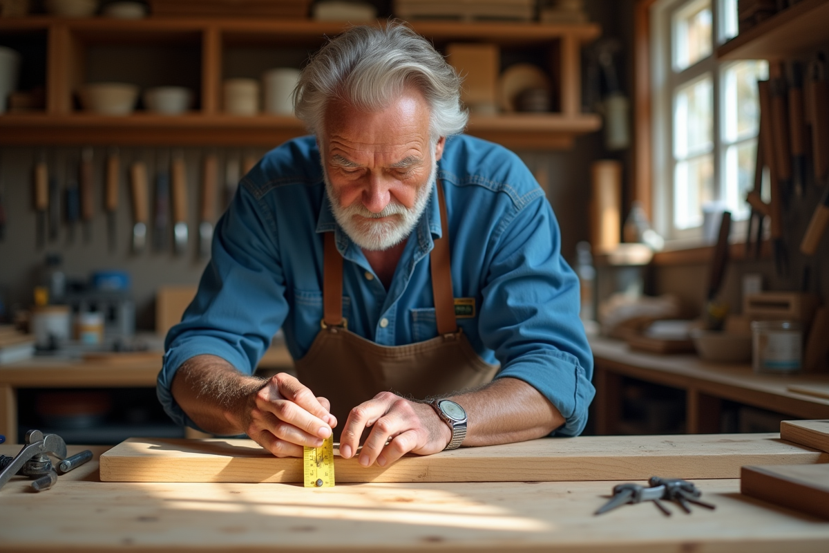Ouvrier mesurant une pièce de bois dans son atelier