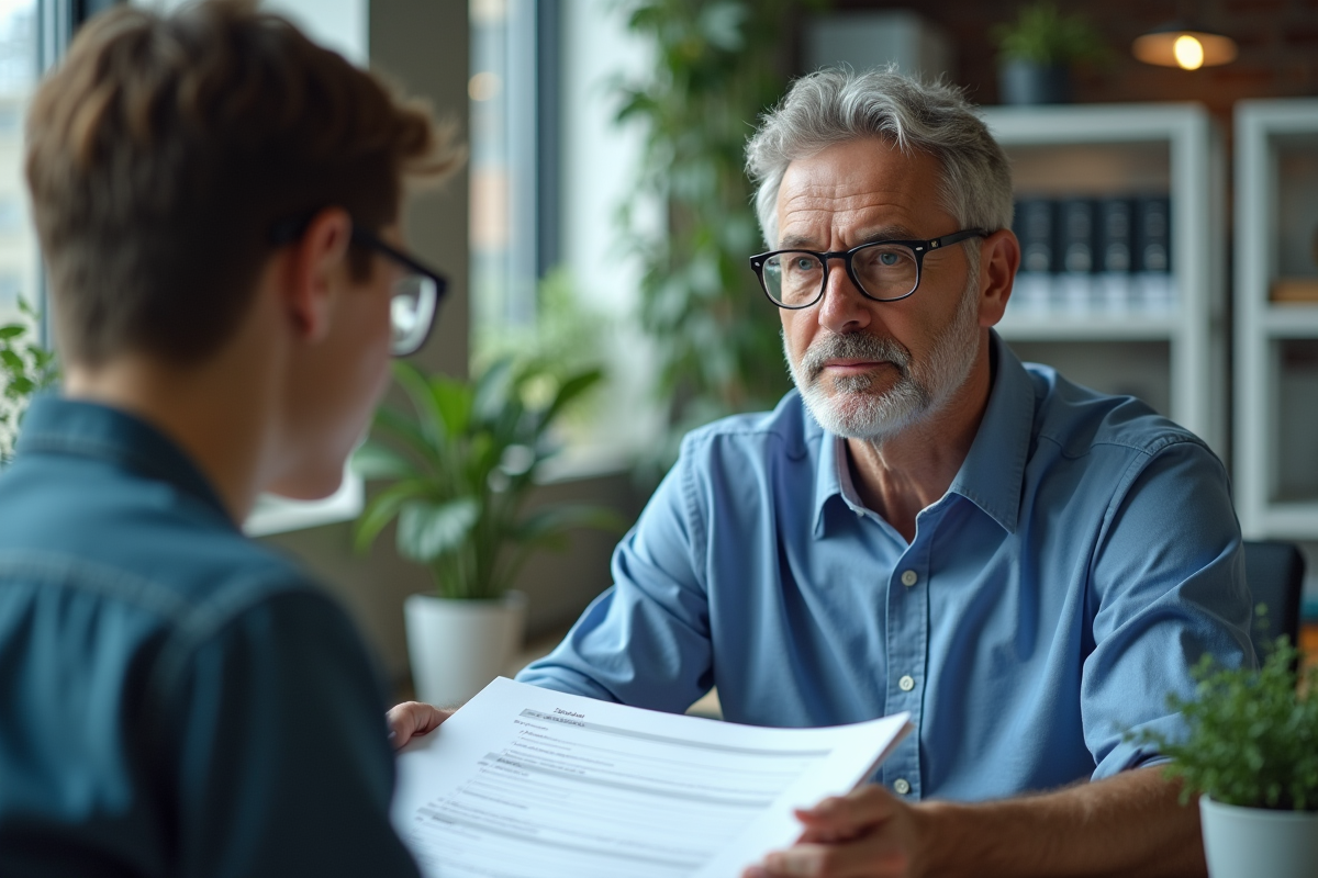 Homme et jeune collegue discutant dans un espace de travail