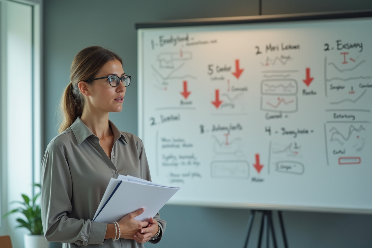 Femme comptable regardant un tableau blanc avec des graphiques
