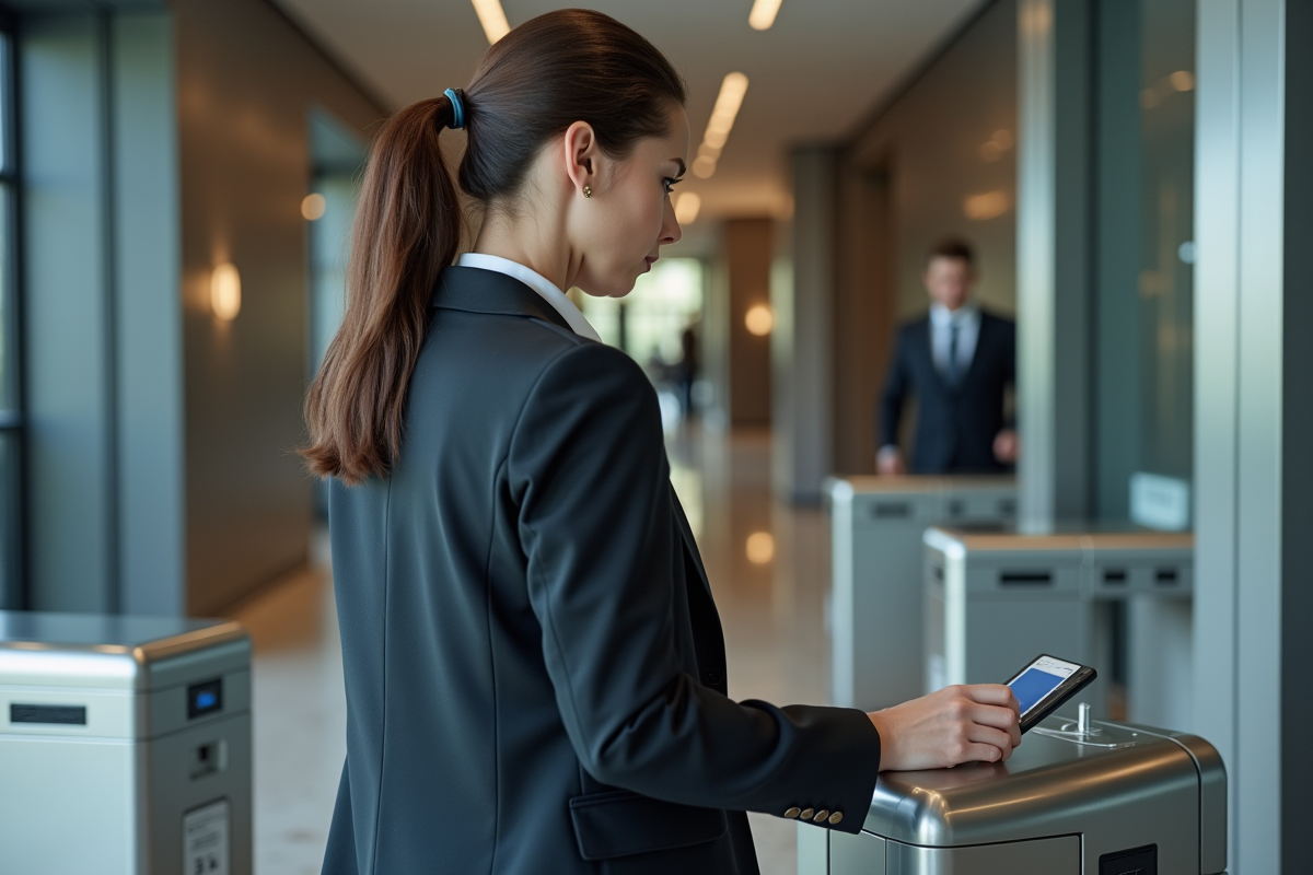 Gestionnaire controle acces badge dans lobby moderne