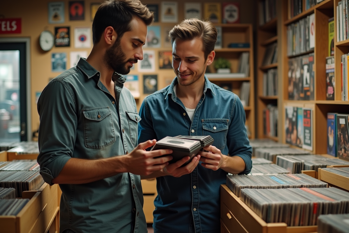 Deux hommes examinent des démos dans un magasin de disques