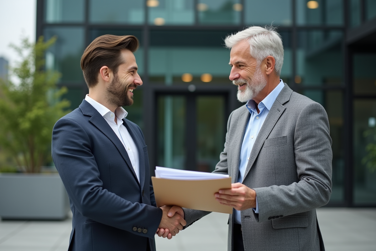 Deux hommes se serrant la main devant un bâtiment moderne