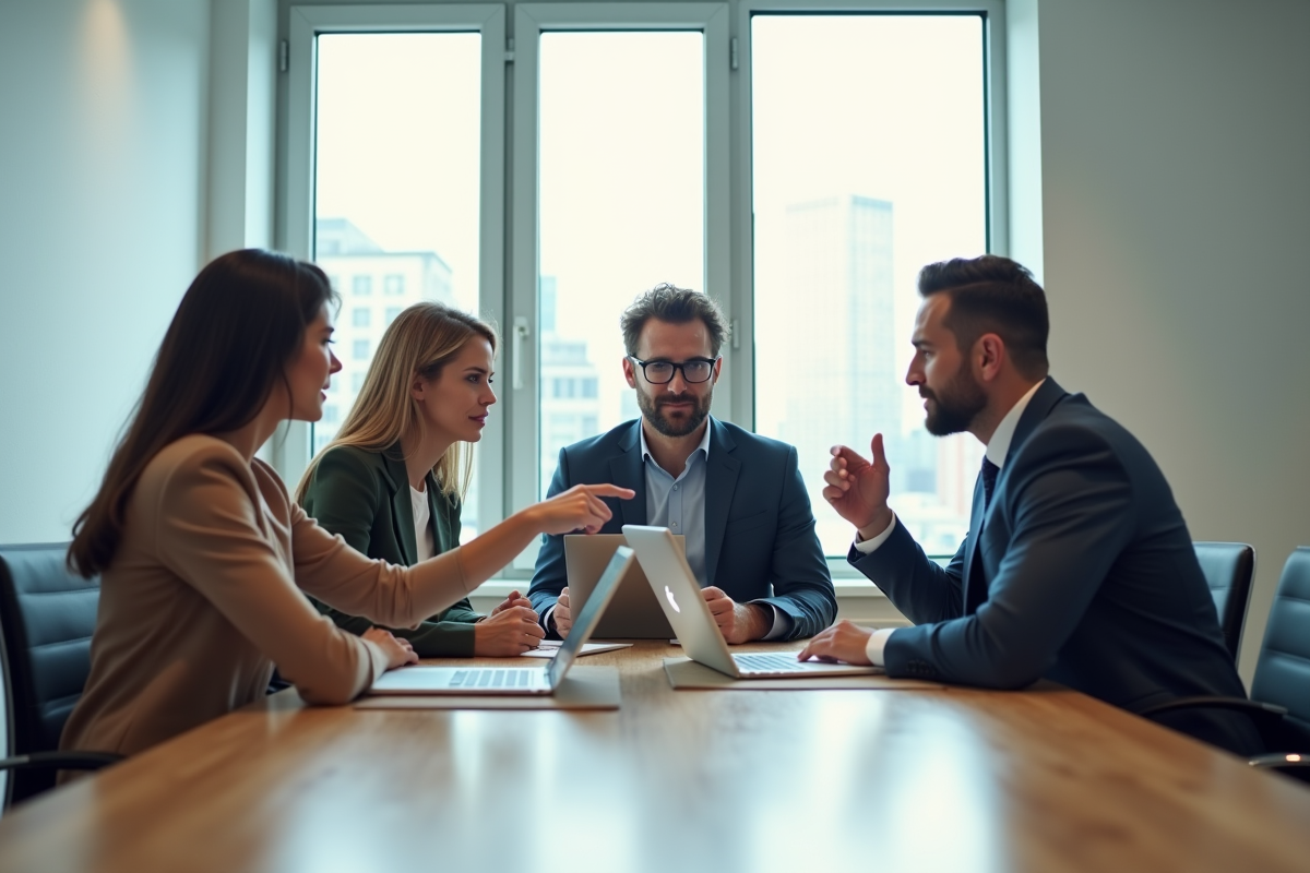Groupe de collègues en réunion discutant autour d