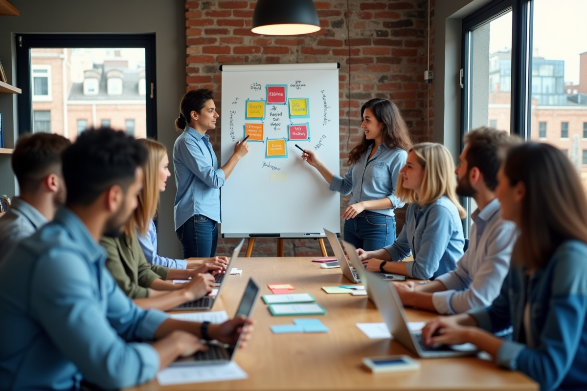 Groupe de jeunes professionnels discutant autour d une table créative