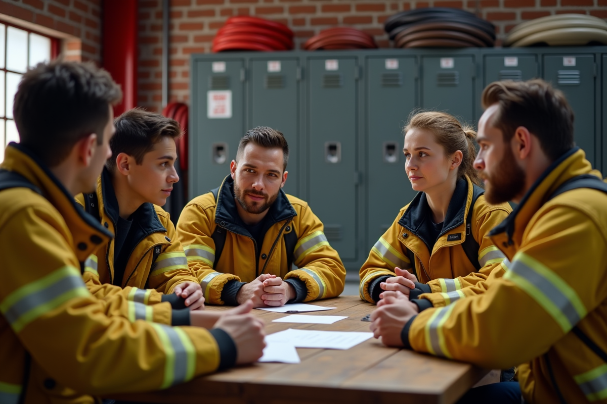 Jeunes pompiers en débriefing dans une caserne