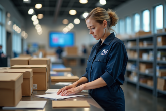 Factrice en uniforme triant des colis dans un centre postal moderne
