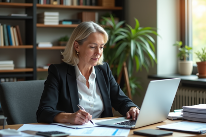 Femme d affaires concentrée sur un tableau dans un bureau moderne