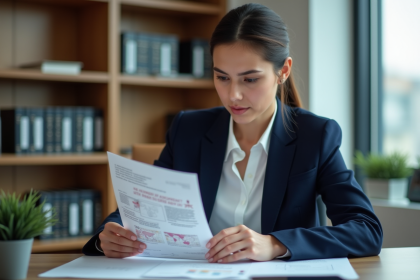 Femme d'affaires examine des documents avec devises étrangères