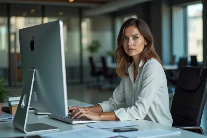 Femme en bureau regardant pensivement avec tension
