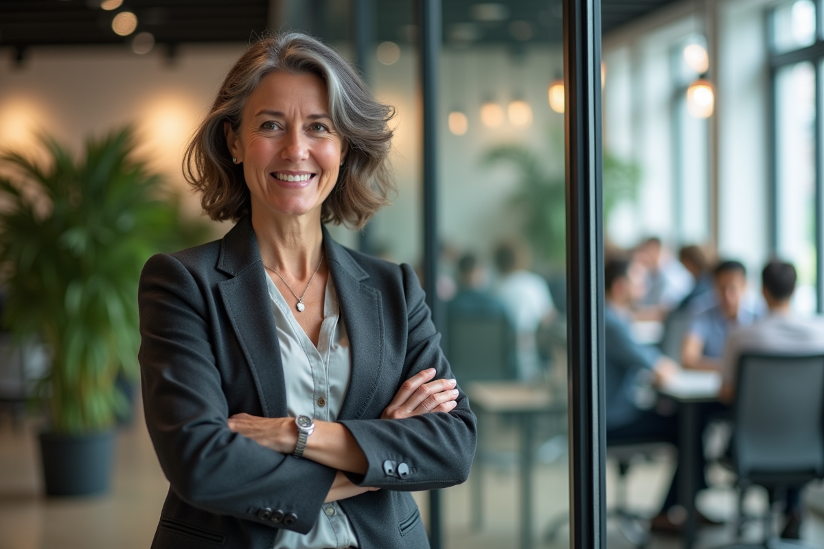 Femme confiante dans un espace de coworking dynamique