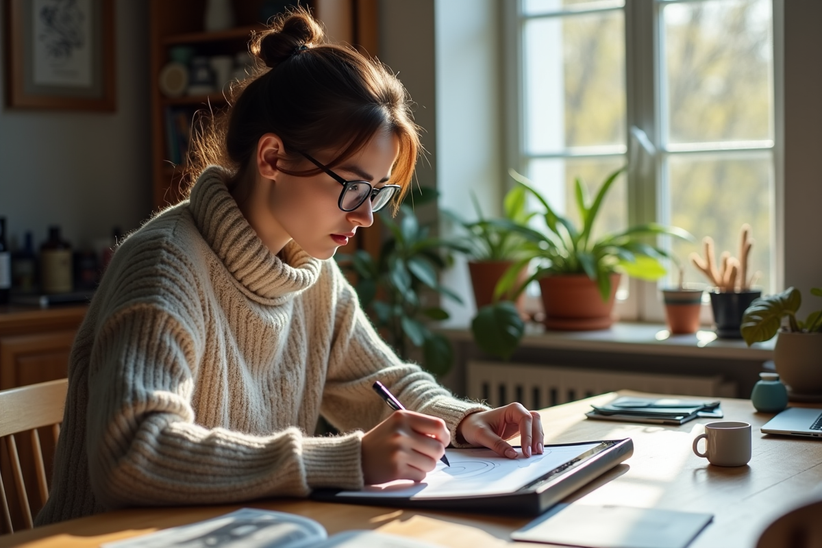 Jeune femme designer regardant un outil AI sur sa tablette