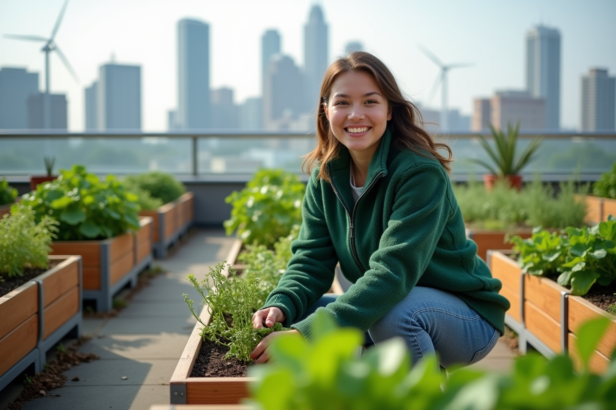 Jeune femme cultivant un jardin sur le toit urbain