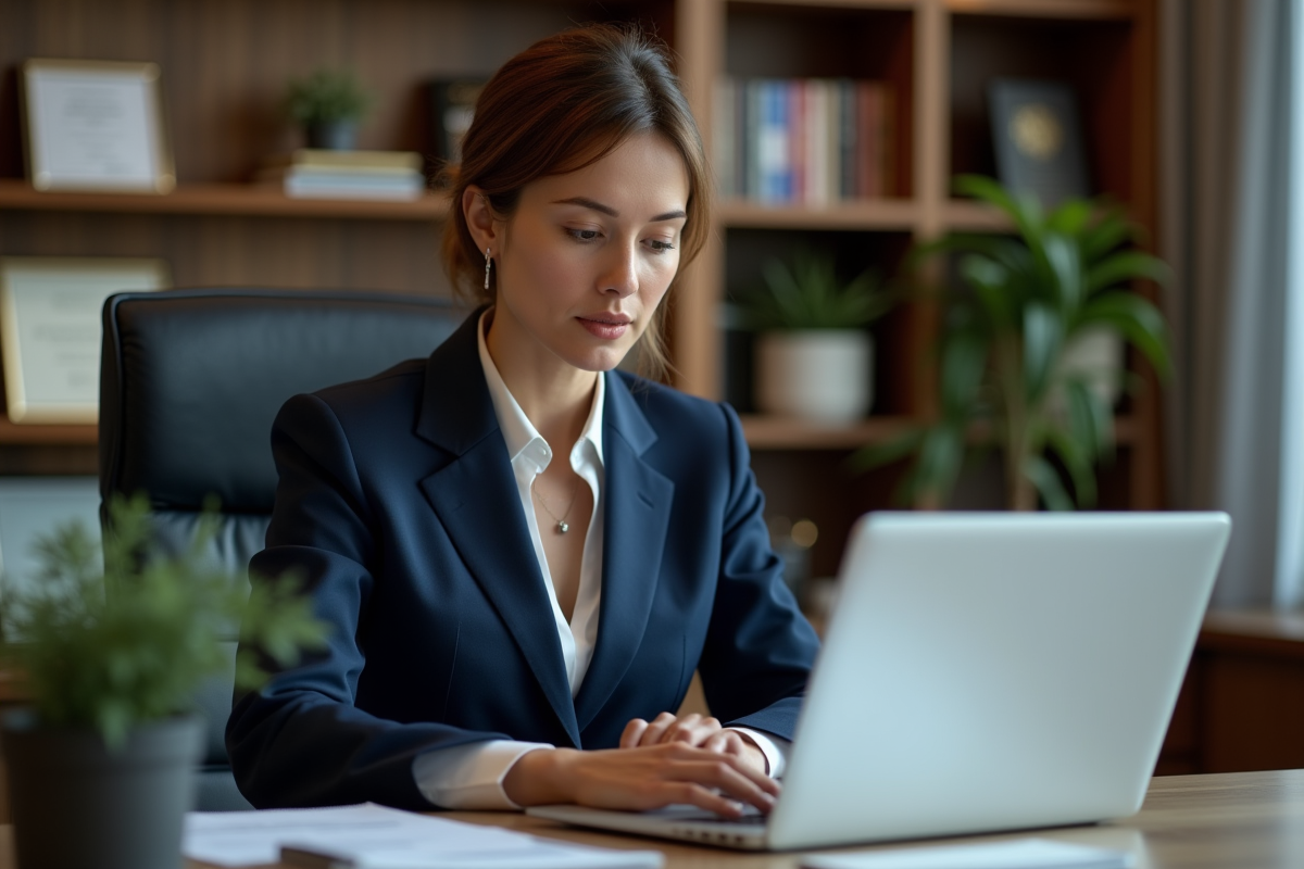 Manager femme en bureau examinant des métriques de salaire sur son ordinateur