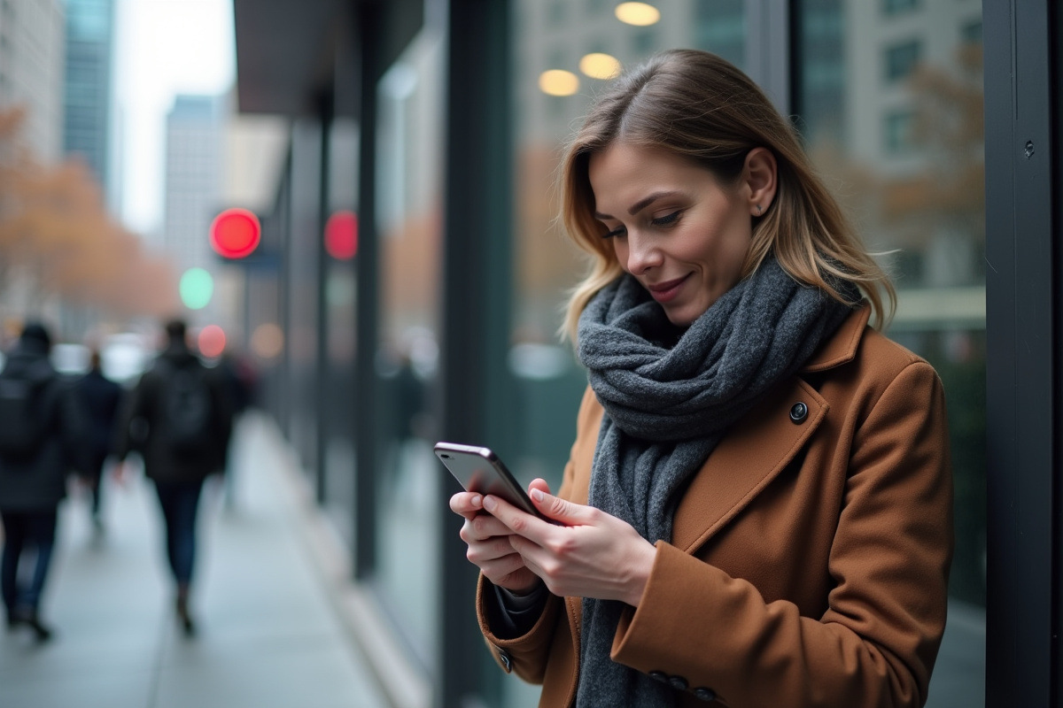 Femme lisant une notification sur son smartphone devant un bâtiment