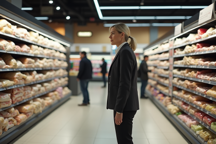 Femme d'âge moyen dans un supermarché français moderne