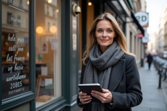 Femme d'âge moyen en manteau urbain devant boutique moderne