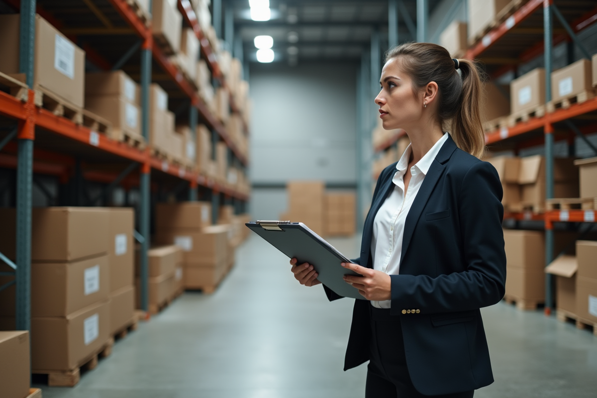 Jeune femme d affaires dans un entrepôt avec des étagères vides