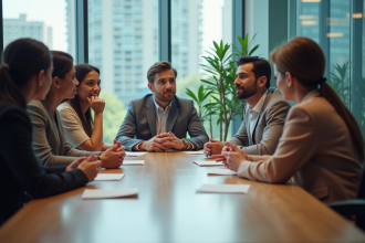Groupe de professionnels en réunion dans une salle moderne