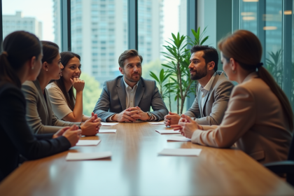 Groupe de professionnels en réunion dans une salle moderne