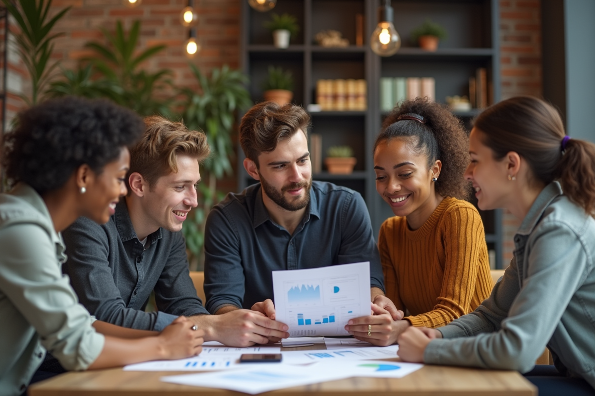 Groupe de jeunes professionnels discutant autour d une table de coworking