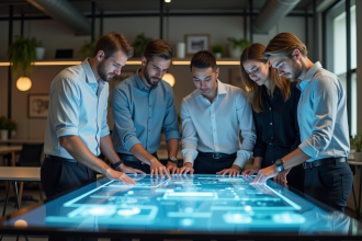 Groupe de jeunes adultes autour d'une table digitale moderne