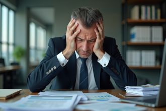 Homme d'affaires stressé dans un bureau encombré
