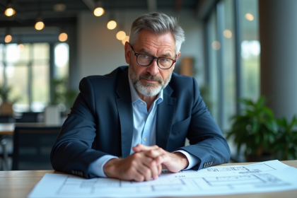 Homme d'affaires examinant des plans architecturaux dans un bureau moderne