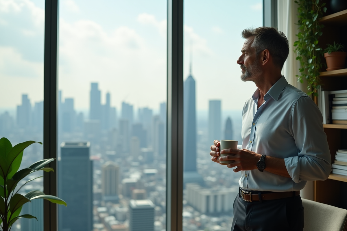 Homme dans son bureau avec vue sur la ville