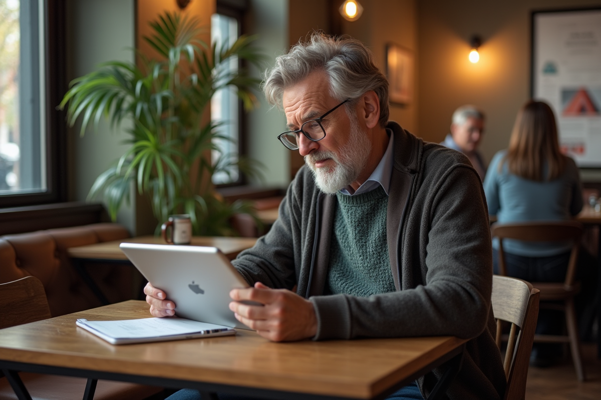 Homme au café utilise une tablette avec un formulaire numérique