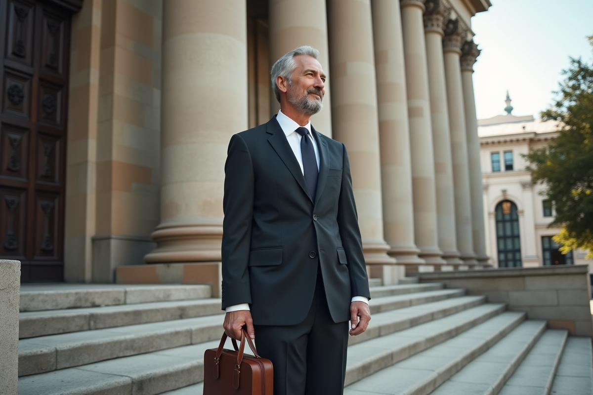 Homme en costume dans une cour de justice ancienne
