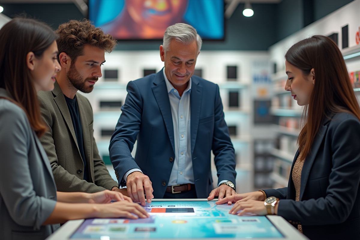 Homme montrant un outil promotionnel à deux clients dans un showroom électronique