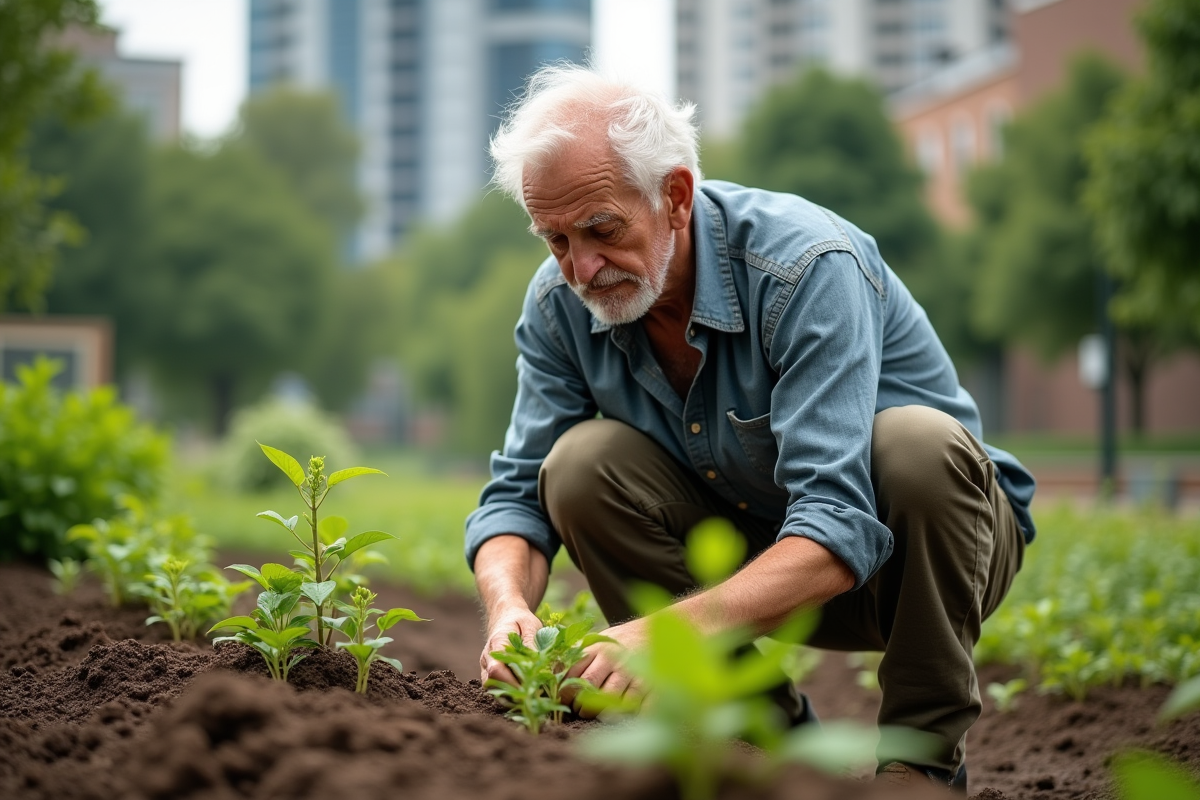 Homme âgé plante des jeunes plants dans un jardin communautaire