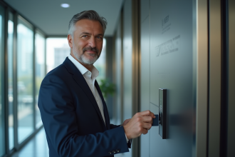 Homme d affaires en costume navy scannant sa carte d accès