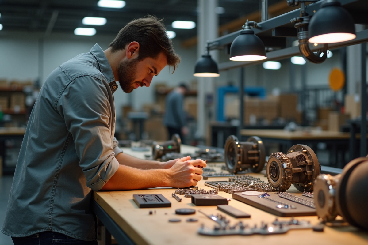 Jeune ingénieur examinant des prototypes en atelier