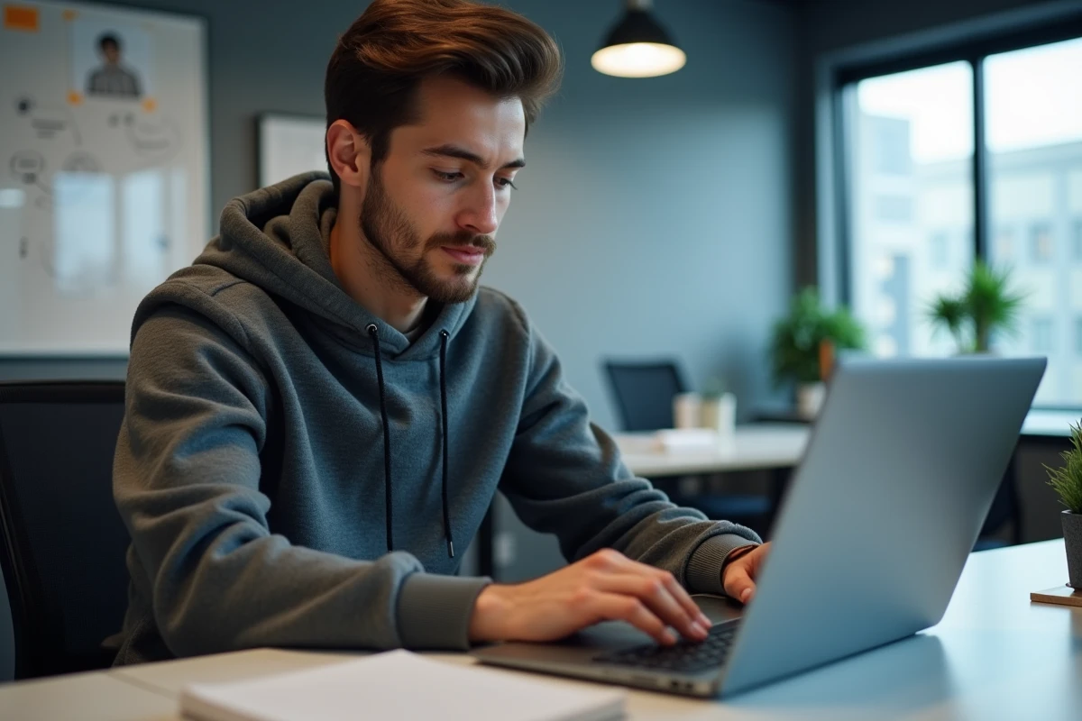 Jeune homme en hoodie travaillant sur un ordinateur en bureau