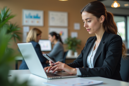 Jeune femme en bureau moderne utilisant un ordinateur portable
