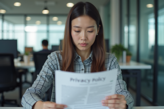 Jeune femme au bureau consulte une politique de confidentialité