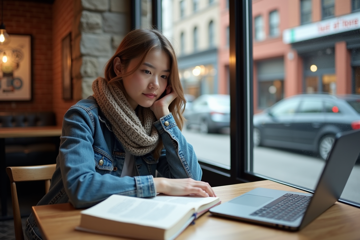 Jeune femme étudiante au café avec livres et ordinateur portable