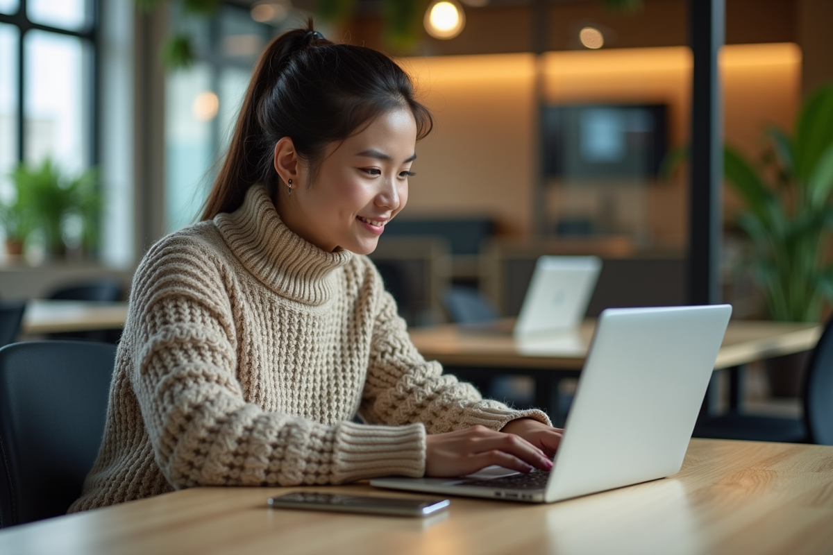 Jeune femme en coworking gérant ses réseaux sociaux