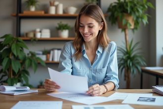 Jeune femme examine des flyers dans un atelier d'impression