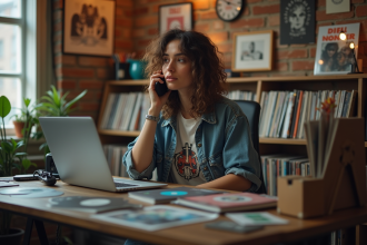 Jeune femme en discussion dans un bureau de label musical