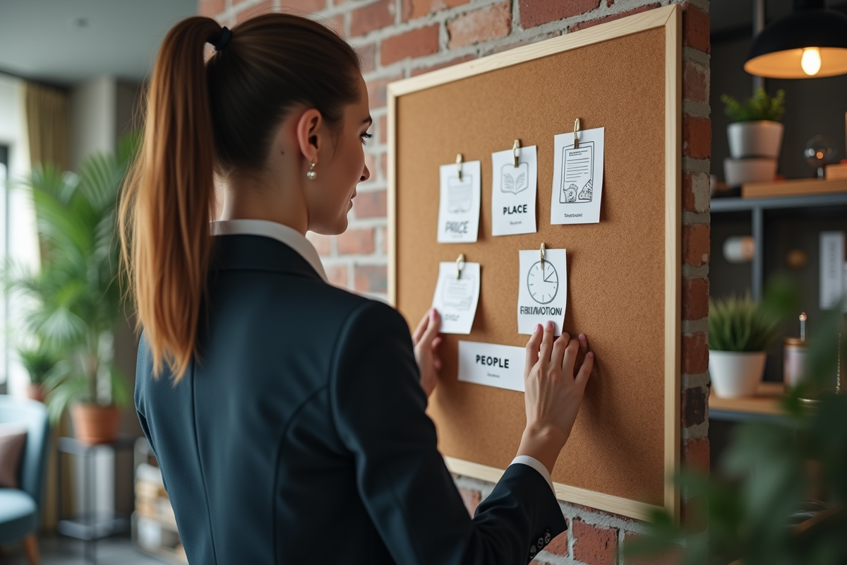 Jeune femme arrangeant des icônes marketing