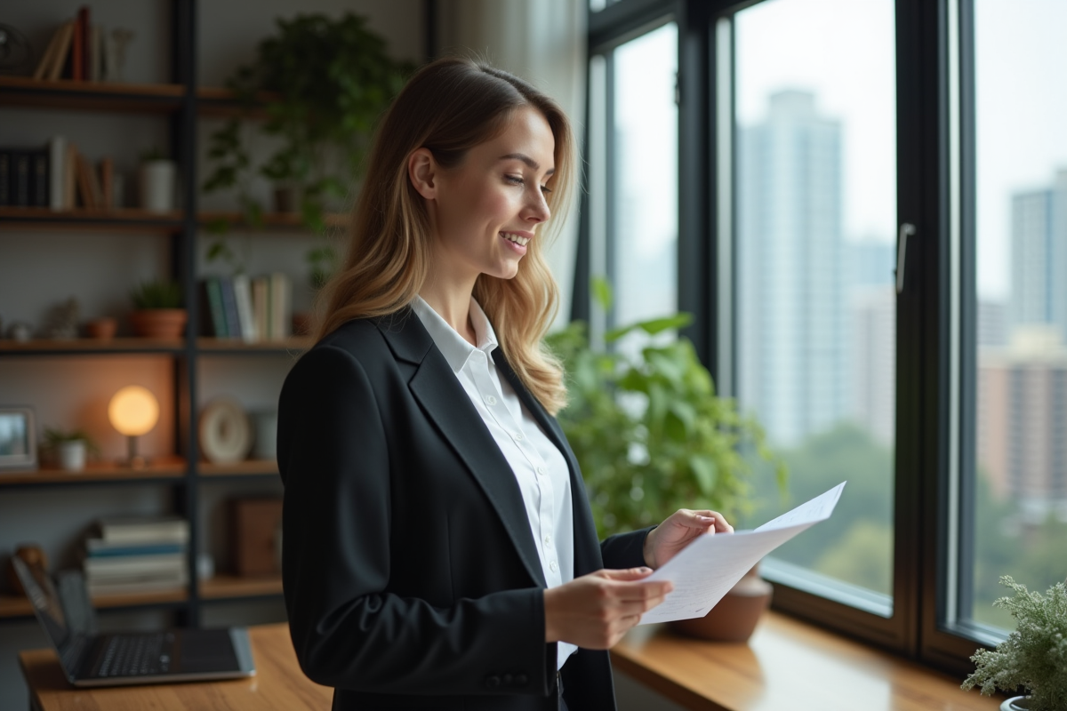 Jeune femme en blazer préparant son discours à la maison