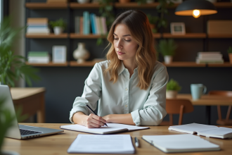 Jeune femme professionnelle prenant des notes dans un espace coworking