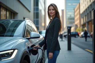 Jeune femme chargeant sa voiture électrique en ville
