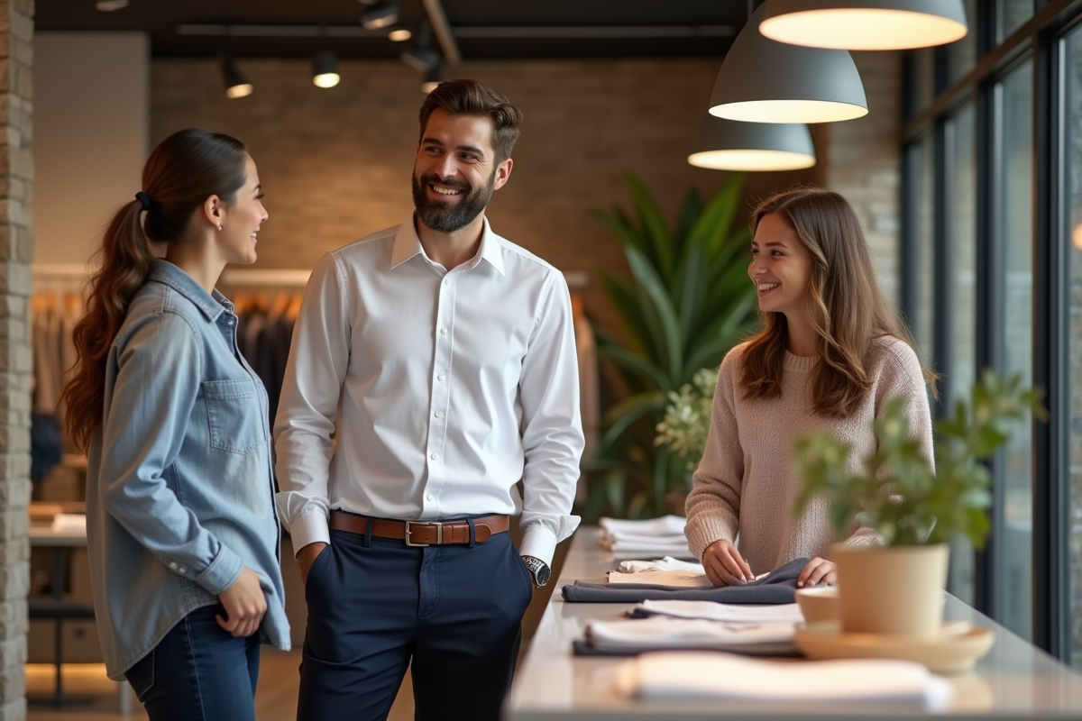 Jeune homme en boutique accueillant des clients avec un présentoir