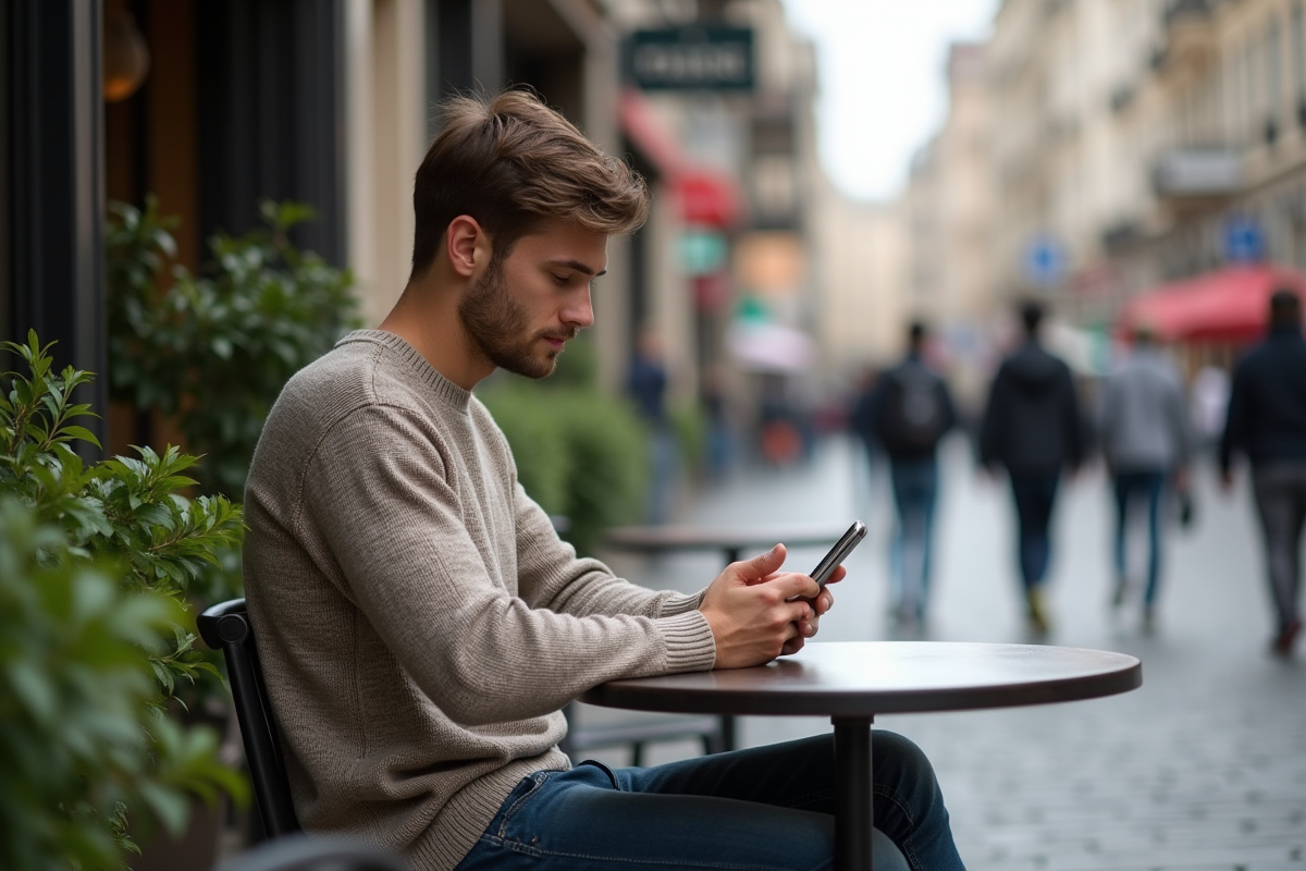 Jeune homme utilisant son smartphone dans un café urbain