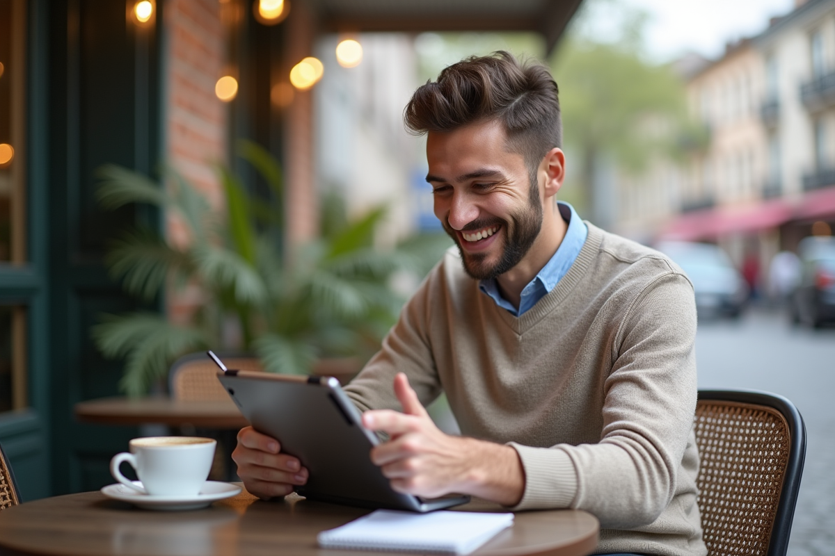Jeune homme en terrasse de café lors d