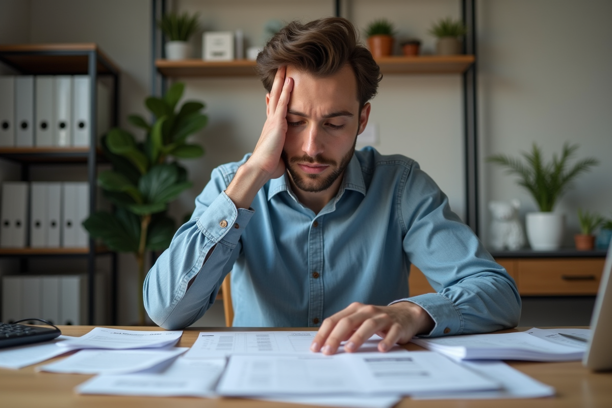 Jeune homme vérifiant ses factures dans un bureau à domicile
