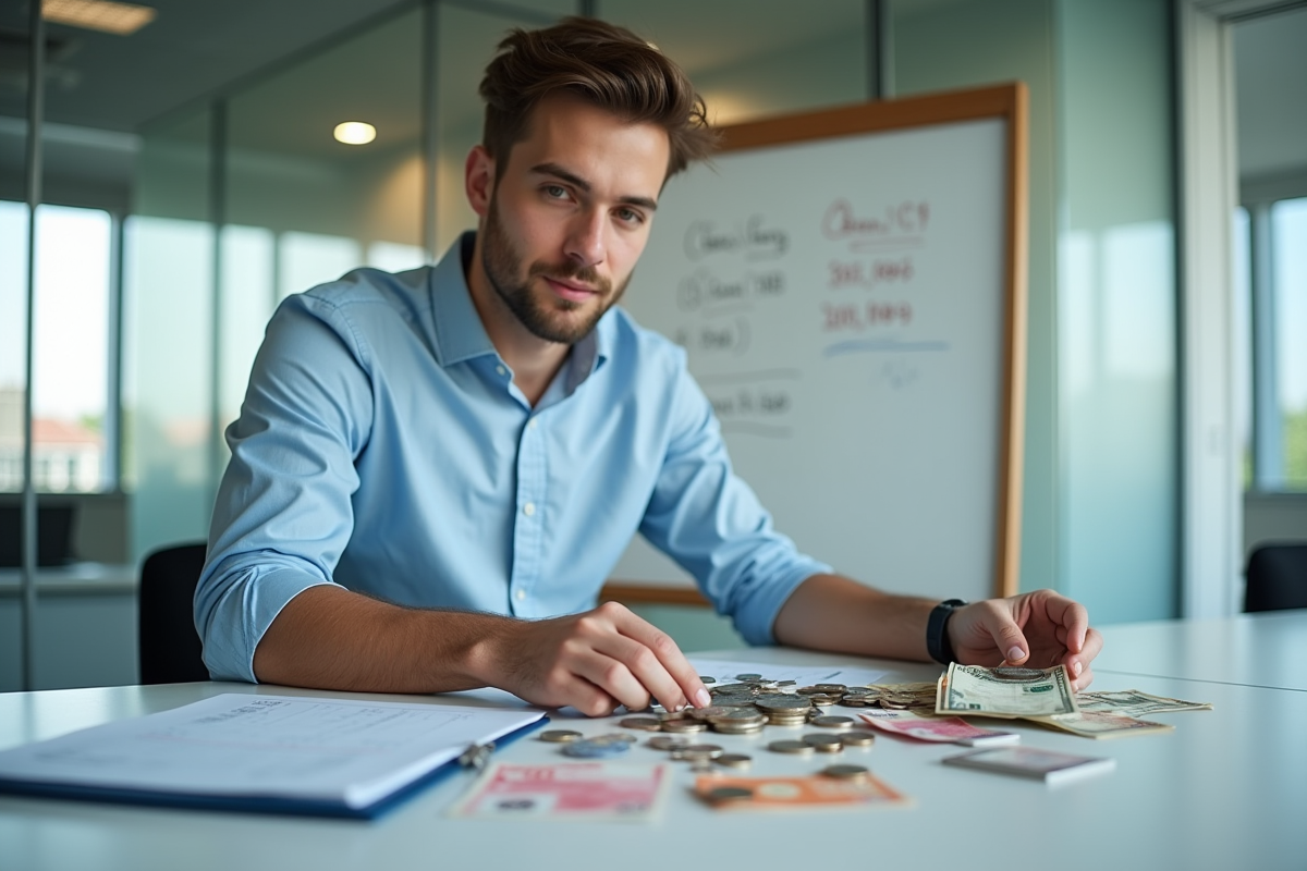 Jeune homme trie des billets et pièces sur une table de réunion
